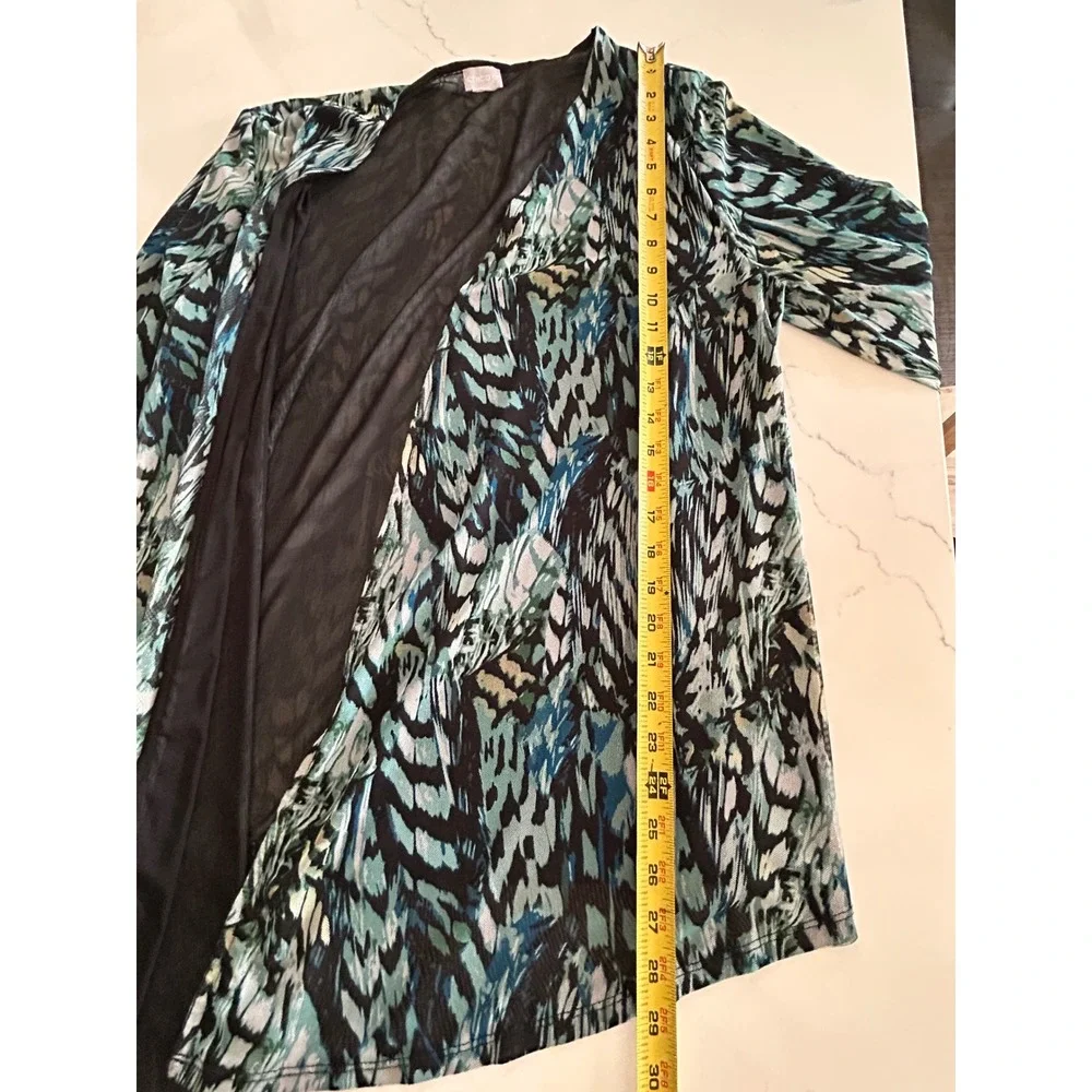 Chicos Mesh Open Front Cardigan Blue Teal Abstract Print Long Sleeve Top M L